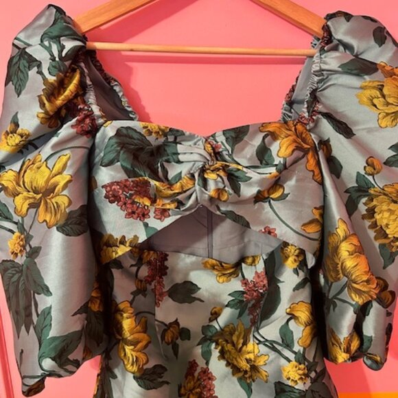 ASOS Salon Floral Jacquard Puff Sleeve Cut Out Dress - 8 - Picture 3 of 14